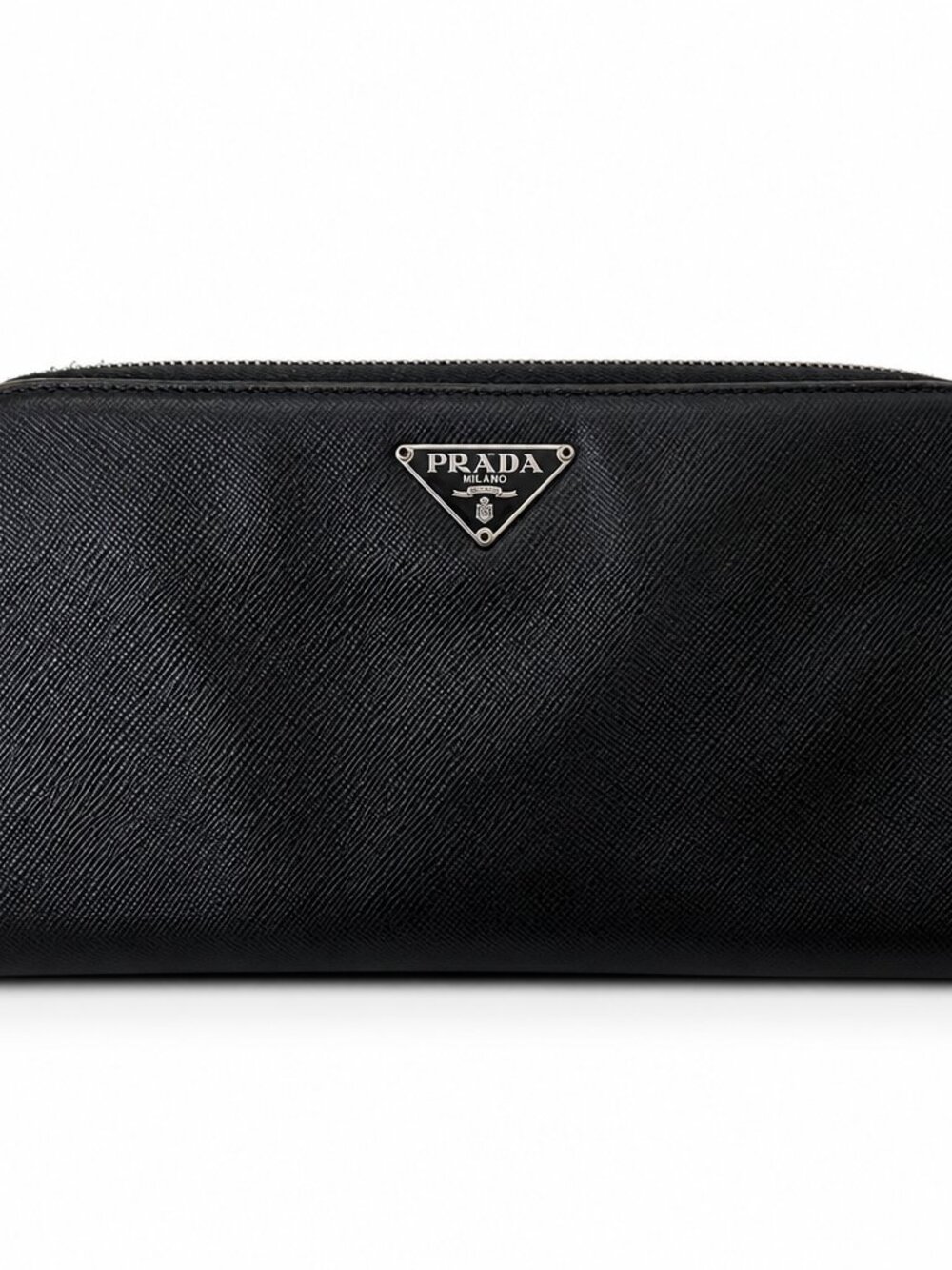 Authentic Prada Saffiano Leather Zip Around Wallet Black Silver Logo